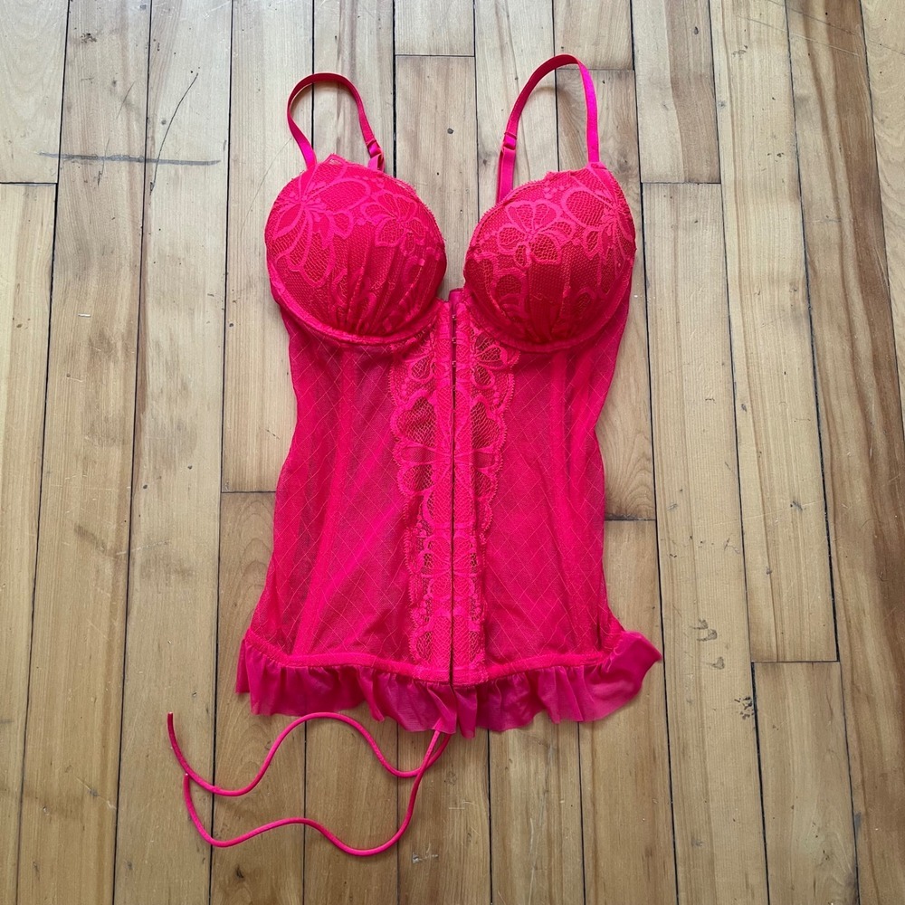 Hot Pink Lace Corset Bustier Babydoll Front Closure Ruffle Hem